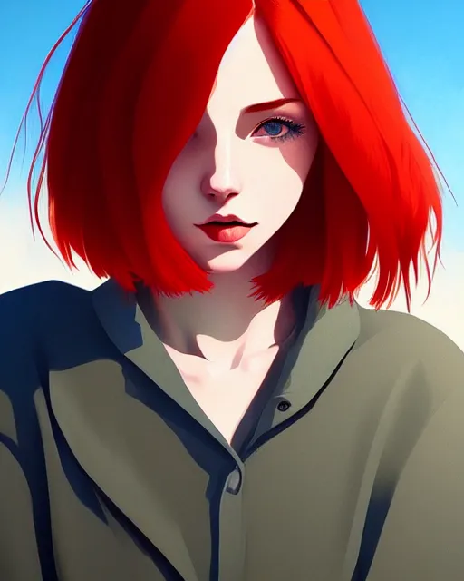 Image similar to a detailed portrait of an attractive!!!! woman with red hair and freckles by ilya kuvshinov, digital art, dramatic lighting, dramatic angle