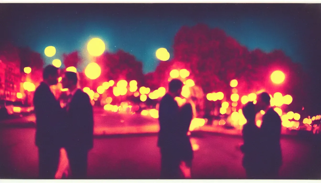 Prompt: colorful instant photograph of a beautiful couple in a city at night, polaroid, light leak, raw, nostalgic