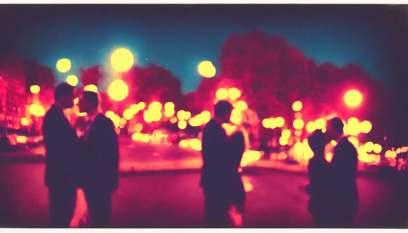 Image similar to colorful instant photograph of a beautiful couple in a city at night, polaroid, light leak, raw, nostalgic