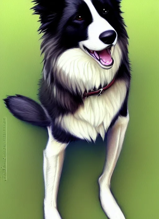 Image similar to wide angle beautiful full body portrait of a cute anthro male border collie fursona with two legs posing in front of a park, character design by charlie bowater, henry asencio, and ross tran, furry art, furaffinity, beautiful, glamor pose, detailed, aesthetic, trending on artstation