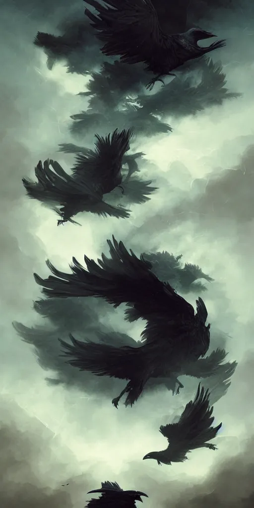 Prompt: ominous swirling ravens by peter mohrbacher and agostino arrivabene, vladimir kush, mysterious, dark fantasy art, flying, swirling, beautiful full moon, detailed thick black swirling smoke tornado, particles, fire embers, artstation