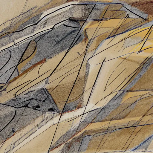 Image similar to masterpiece abstract intricate painting of detailed highly layered angled rocky field along a landscape surface of rectangular shapes. thin pencil rough sketch lines slanting down provide a sense of movement. drone view. beautiful use of light to create a sense of a stony surface. using architectural techniques with an engineering quality and a rich dark earthy color palette, providing a mathematical feel.