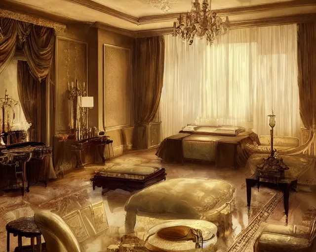 Prompt: a luxury hotel! suite room in the style of imperial! china, art by greg rutkowski and artgerma, stunning! concept art, interior! design