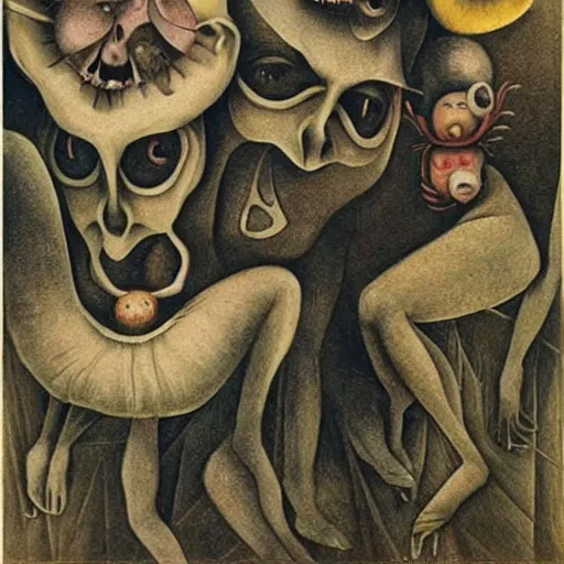 Prompt: spiders who sing and dance like children, by Hannah Hoch, by M.C.Escher, by Santiago Caruso, oil on canvas, beautiful, eerie, surreal, psychedelic