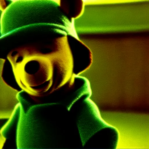 Image similar to Winnie the Pooh as Morpheus in The Matrix (1999), Film Still, 35mm dramatic lighting, cinematic, deep focus, styleframe,