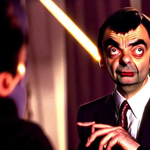 Image similar to mr. bean in vampires kiss. movie still. cinematic lighting.