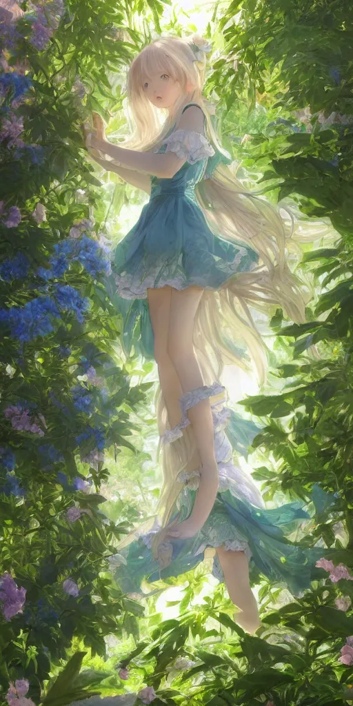 Image similar to a digital art full of atmosphere of a loli with long hair in a dress in the privet garden at after noon, green and warm theme, blue accents, low angle, back lighting, highly detailed, 4 k resolution, trending on art station, by krenz cushart and mucha and akihito yoshida and greg rutkowski and