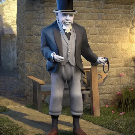 Prompt: an old male halfling with grey hair and black eyes wearing a suit and top hat in a medieval village, D&D, high detail, trending on artstation, 4k photorealistic, volumetric lighting, HD
