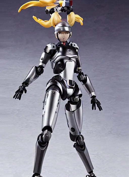 Image similar to toy design,Girl in mecha cyber Armor, portrait of the action figure of a girl, with bare legs， holding a weapon，SCI-FI style， anime figma figure, studio photo, 70mm lens,