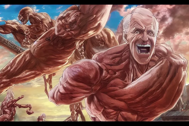 Prompt: joe biden, as the colossal titan, kicking a florida mansion, attack on titan, anime key visual, wit studio official media, beachfront mansion, huge pink mansion, giant kicking foot, smoke and rubble