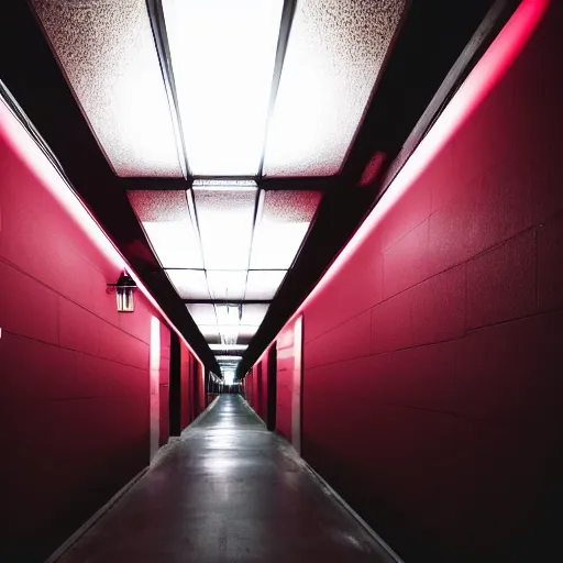 Prompt: a pitch black hallway with no windows and one deep red exit sign at the end, photographed at night