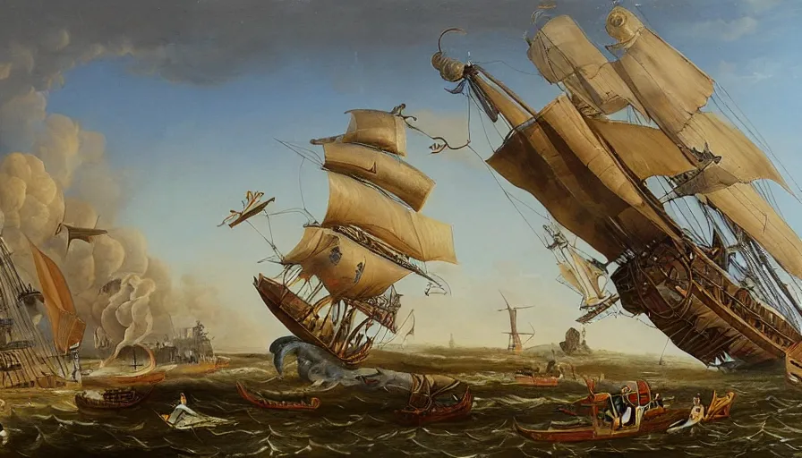 Image similar to a large flying pirate airship, 1 8 th century, realist painting, beautiful, highly detailed