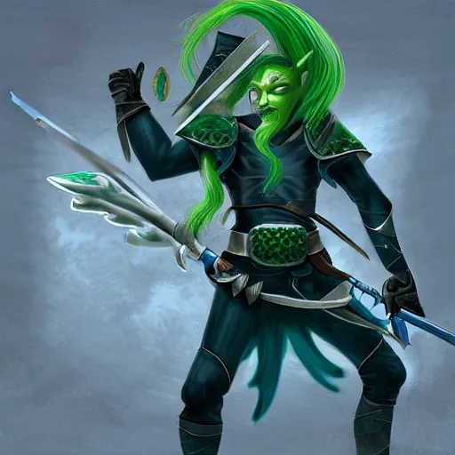 Image similar to Blue skinned fish person with green hair with a staff wearing leather armor, male, dungeons and dragons character, digital art