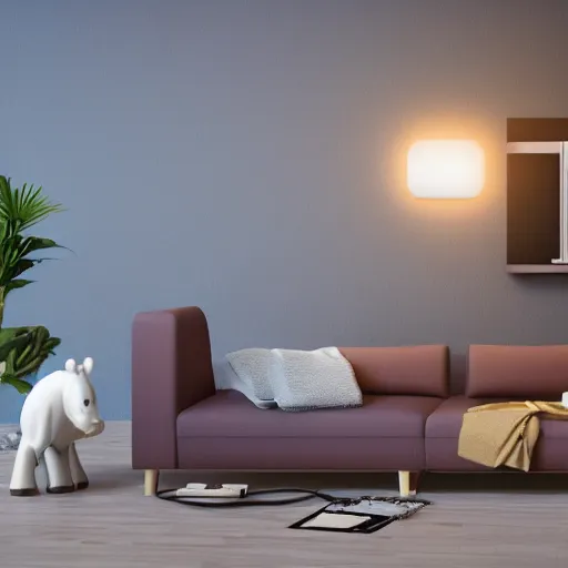 Image similar to a baby hippo pony live in a cozy house and watch tv in the family room. 3 d render.