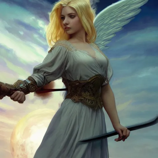 Prompt: A beautiful digital painting of a female angel with blonde hair and a sword in her hand, princess, the moon behind her, D&D, fantasy, intricate, cinematic lighting, highly detailed, digital painting, Artstation, concept art, smooth, sharp focus, illustration, art by Artgerm and Greg Rutkowski, Alphonse Mucha and charlie bowater