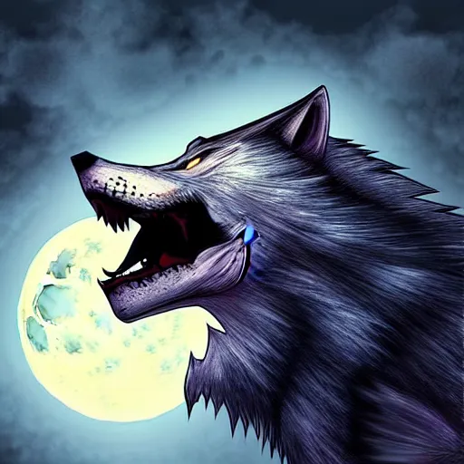 Image similar to werewolf howling at the full moon, side angle, artstation, digital art, dark, highly detailed