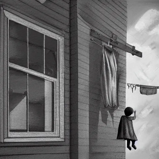 Prompt: Greyscale suburban world, a young boy hangs a shirt on a clothesline on the second floor window, while a young girl watches him from the sidewalk, by thomas kinkade, trending on artstation