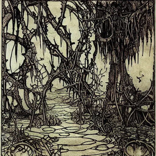 Image similar to fantastic underwater world, environment, building, faerie magic, cast iron fence, thorns, briarwood, overgrown, by Arthur Rackham, extremely detailed