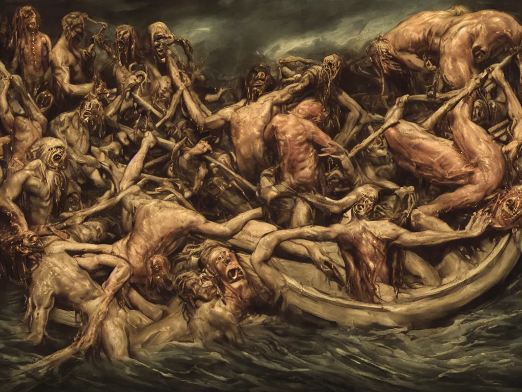 Prompt: the raft of the medusa as an animatronic schlock body horror comedy film, Théodore Géricault, Sally Corporation, Garner Holt, play-doh, lurid, neon lights, rubber latex, fleshy, Cronenberg, Rick Baker, dramatic film still, daylight, photo real, wet, slimy, wide angle, rule of thirds, 28mm, 1984, vivid colors, Eastman EXR 50D 5245/7245