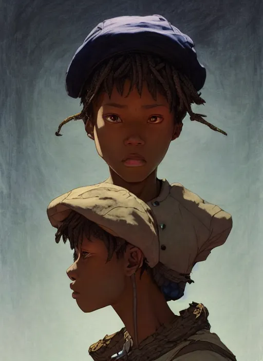 Image similar to prompt : portrait soft light painted by james jean and katsuhiro otomo and erik jones, inspired by akira anime, epic fantasy, a young dark skinned girl with short hair dressed as a boy in plain peasant clothing and a newsboy cap, intricate oil painting, high detail illustration, sharp high detail