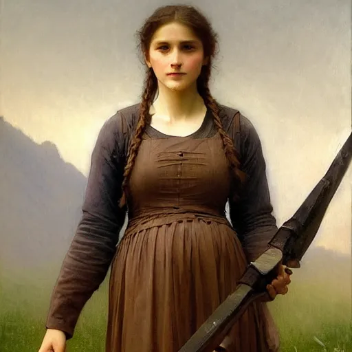 Image similar to Adolphe Bouguereau, Richard Schmid and Jeremy Lipking portrait painting of A shield-maiden (Old Norse: skjoldmø [ˈskjɑldˌmɛːz̠]) was a female warrior from Scandinavian folklore and mythology. Shield-maidens are often mentioned in sagas such as Hervarar saga ok Heiðreks and in Gesta Danorum. They also appear in stories of other Germanic peoples: Goths, Cimbri, and Marcomanni.[1] The mythical Valkyries may have been based on such shield-maidens.[