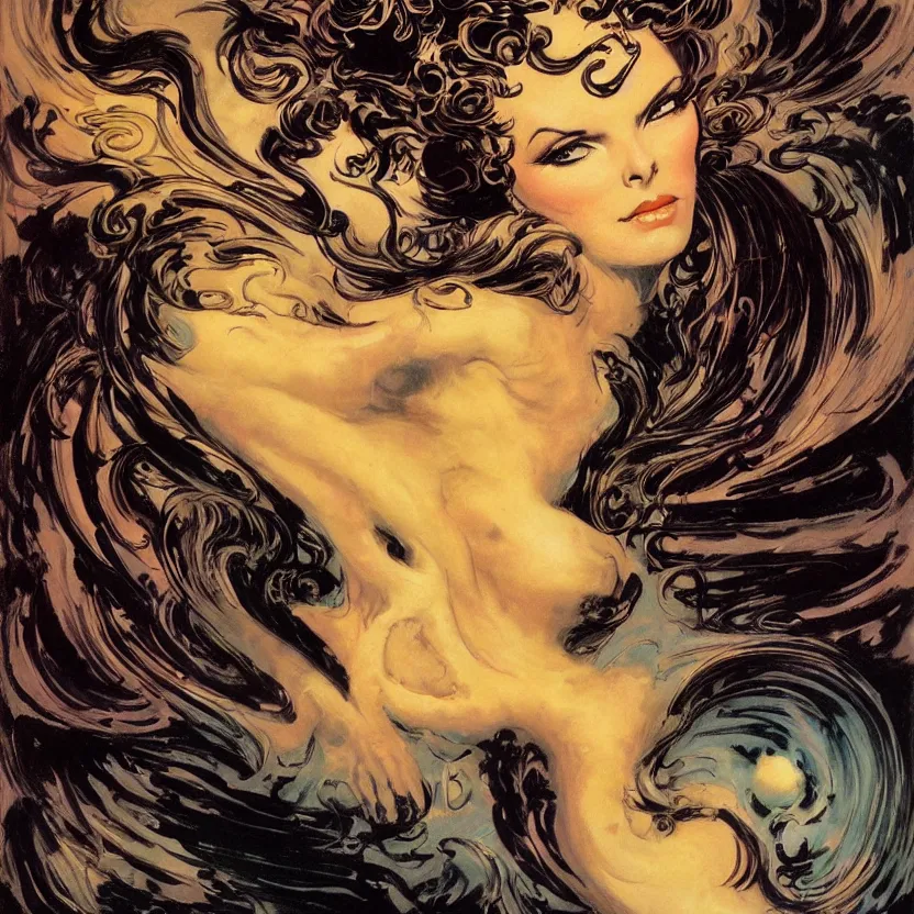 Image similar to portrait of a woman with swirling hair and fractal skin by frank frazetta, retrofuturism, psychedelic art reimagined by industrial light and magic