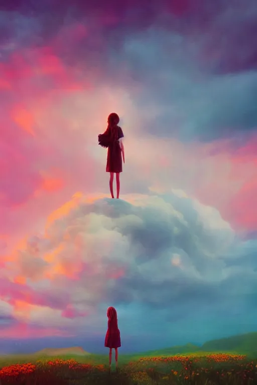 Image similar to closeup perspective, giant dahlia flower as head, girl standing on mountain, surreal photography, blue storm clouds, dramatic light, impressionist painting, digital painting, artstation, simon stalenhag