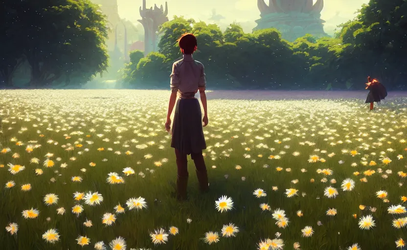 Prompt: portal to another world in a field of daisies, painting by unreal engine, greg rutkowski, loish, rhads, beeple, makoto shinkai and lois van baarle, ilya kuvshinov, rossdraws, tom bagshaw, alphonse mucha, global illumination, detailed and intricate environment