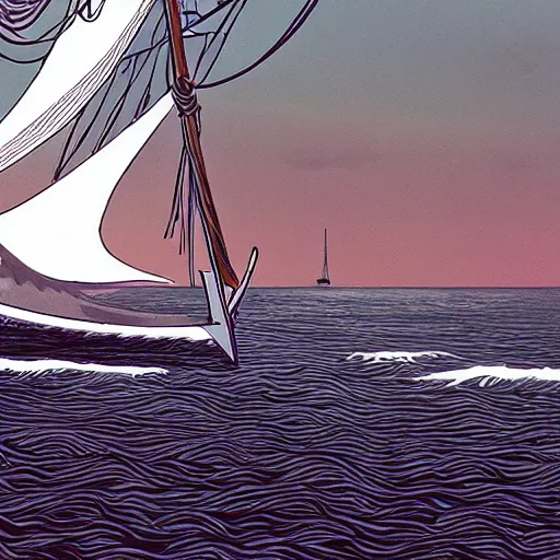 Prompt: an ancient white dragon emerges from a sailing boat, very detailed, prophet graphic novel, ilya kuvshinov, mcbess, rutkowski, simon roy wide shot, colorful, deep shadows,