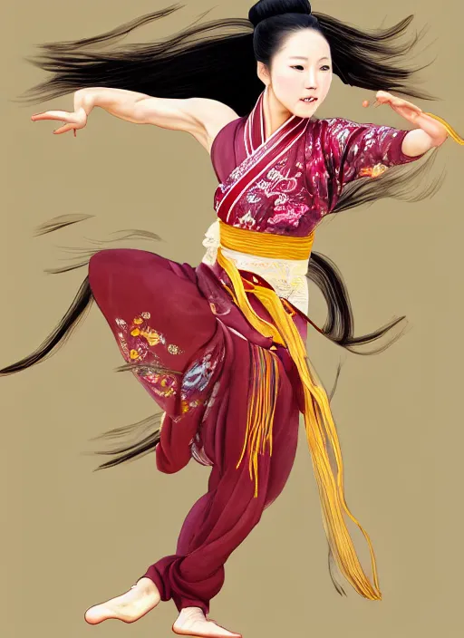 Image similar to full body portrait of a dancer throwing silk belts, feet, barefoot, full body, tanned, vivacious, athletic, hanfu, chinese ribbon dance, wide ribbons, silk belt, wuxia, martial arts, ming dynasty, detailed, realistic face, anatomically accurate, fantasy illustration, dnd, deviantart, artstation, wlop.