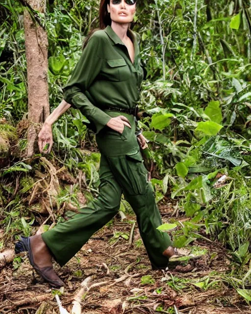 Image similar to angelina jolie wearing a green long sleeved shirt and cargo pants, encounters wild gorillas in the forests of the congo, photographed in the style of national geographic