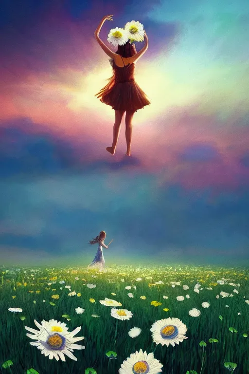 Image similar to giant white daisy flower on shoulder, girl dancing in a flower field, surreal photography, sunrise, dramatic light, impressionist painting, colorful clouds, digital painting, artstation, simon stalenhag