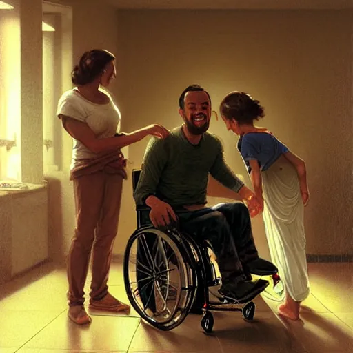 Image similar to a male patient in a wheelchair in the hospital with his wife and son standing by. happy, cheerful, smiling, intricate, face enhance, cinematic lighting, featured in artistation, 8 k, art by greg rutkowski, william adolphe bouguereau