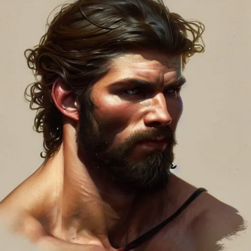 Image similar to portrait of a young rugged male barbarian, handsome, upper body, D&D, muscular, fantasy, intricate, elegant, highly detailed, digital painting, artstation, concept art, smooth, sharp focus, illustration, art by artgerm and greg rutkowski and alphonse mucha