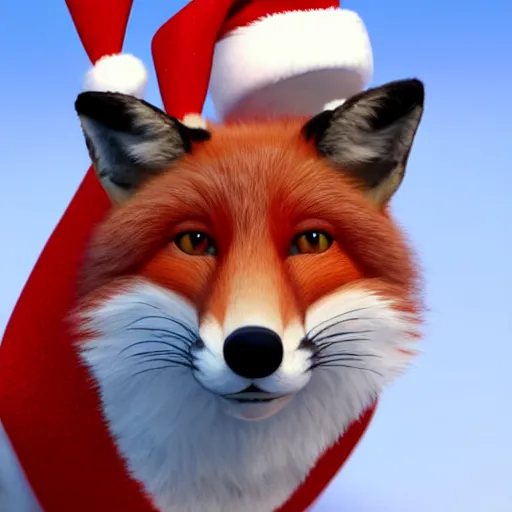 Image similar to fox, looking happy, wearing a santa hat, slightly chubby, detailed, 3d render, 4k, pixar