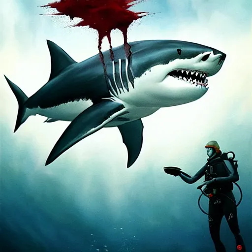 Image similar to a dream fantasy painting of ( white shark with blood teeth ) near a scuba diver, in the deep, trending on artstation, deviantart, matte painting by antonio j. manzanedo, greg rutkowski, holly bruce, jon kuo