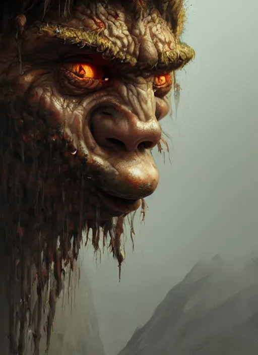 Image similar to close up portrait of a underweight troll in the mountains of hell, oil painting by tomasz jedruszek, cinematic lighting, pen and ink, intricate line, hd, 4 k, million of likes, trending on artstation