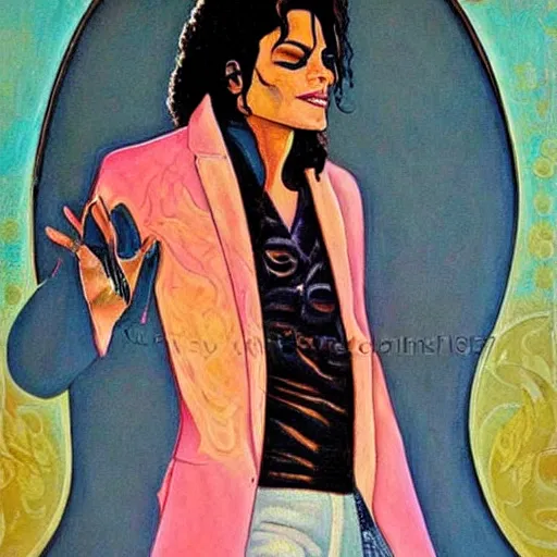 Prompt: Beautiful art nouveau painting of Michael Jackson doing a moon walk