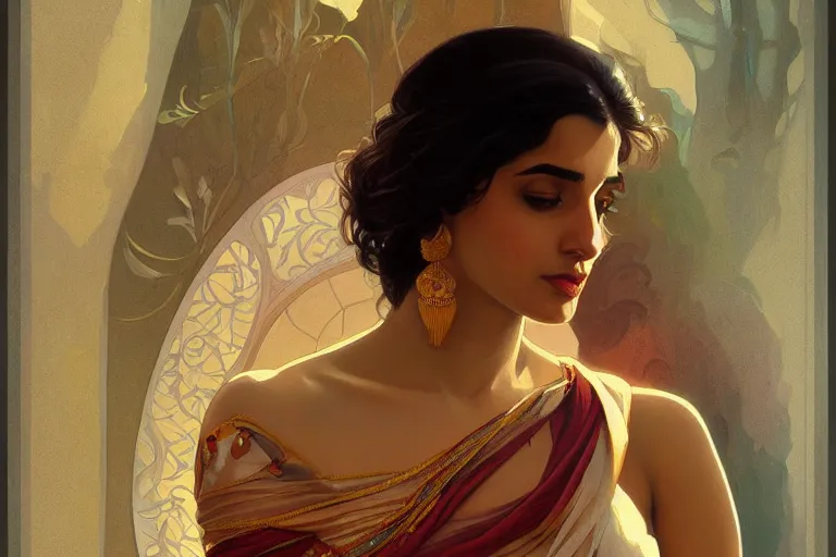 Image similar to sensual pale beautiful indian doctor in jeans, art deco portrait, elegant, intricate, digital painting, artstation, concept art, smooth, sharp focus, illustration, art by artgerm and greg rutkowski and alphonse mucha