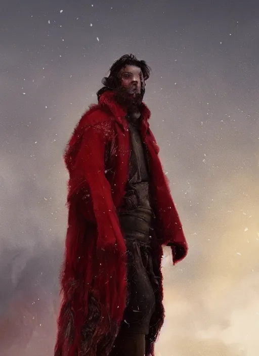 Image similar to portrait of a medieval man in a torn red fur coat, highly detailed, fantasy, godrays, cinematic lighting, close up, volumetric, realistic, digital art by greg rutkowski