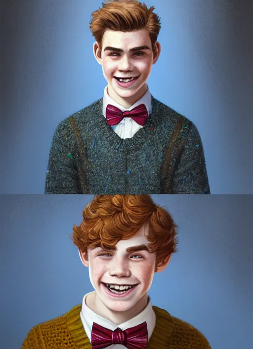 Image similar to portrait of teenage archie andrews, freckles, curly middle part haircut, curly hair, middle part hairstyle, smiling kindly, wearing a bowtie and sweater vest, intricate, elegant, glowing lights, highly detailed, digital painting, artstation, concept art, smooth, sharp focus, illustration, art by wlop, mars ravelo and greg rutkowski