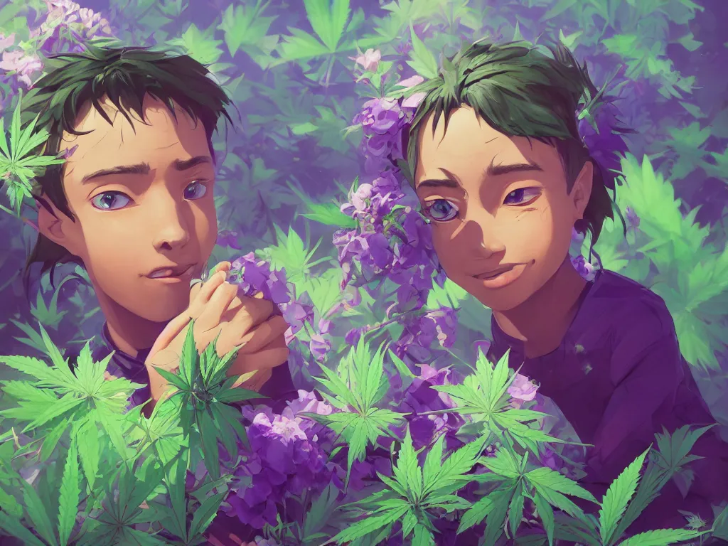 Image similar to kid with green purple flowers of marijuana hemp cannabis, behance hd by jesper ejsing, by rhads, makoto shinkai and lois van baarle, ilya kuvshinov, rossdraws global illumination, golden ratio, symmetrical beauty face