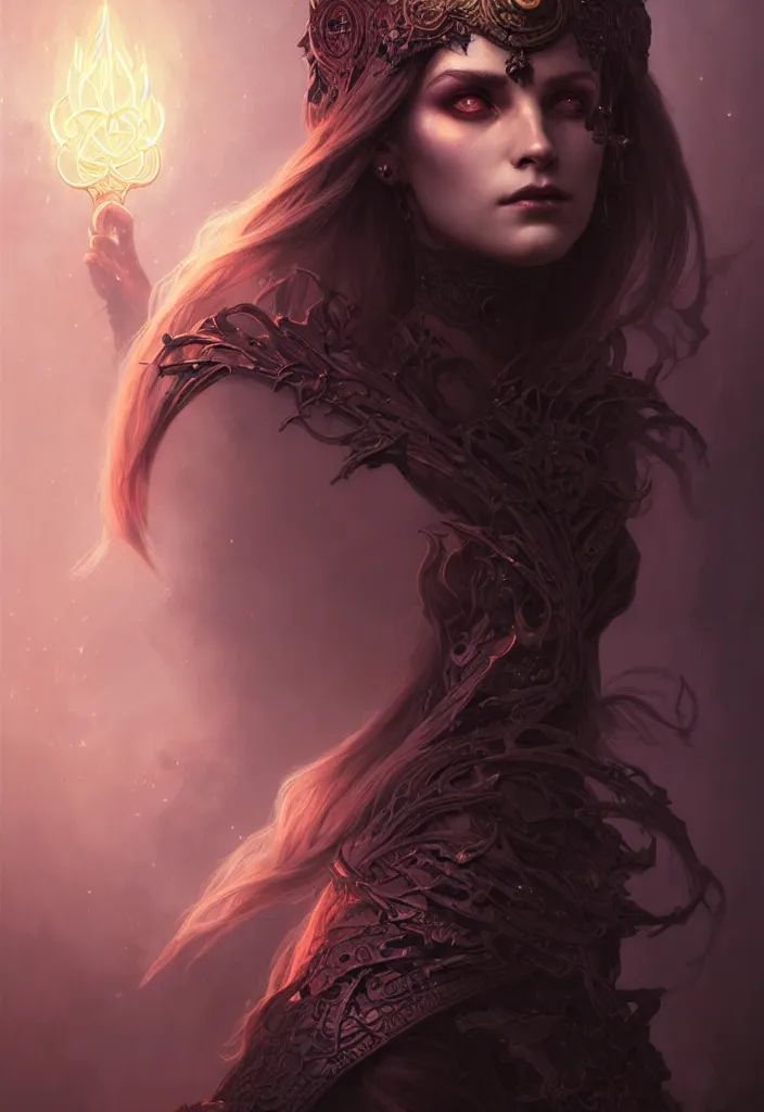 Image similar to Necromancer Sorceress, filled background around face, fantasy magic, undercut hairstyle, dark light night, intricate, elegant, sharp focus, illustration, highly detailed, digital painting, concept art, matte, art by WLOP and Artgerm and Greg Rutkowski and Alphonse Mucha, masterpiece