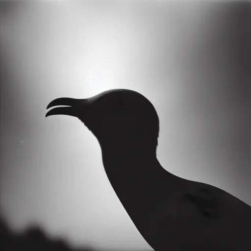 Prompt: portrait, extreme close up, sepia, beautiful light - iconic photo of seagull smoking cigarette, stares at the camera, night sky, stars, bruce gilden, leica s, fuji 8 0 0, grainy, low light