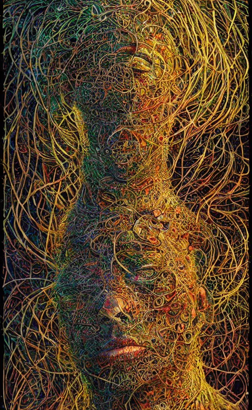 Prompt: beautiful psychedelic shaman covered in fungus peyote in the style of peter gric