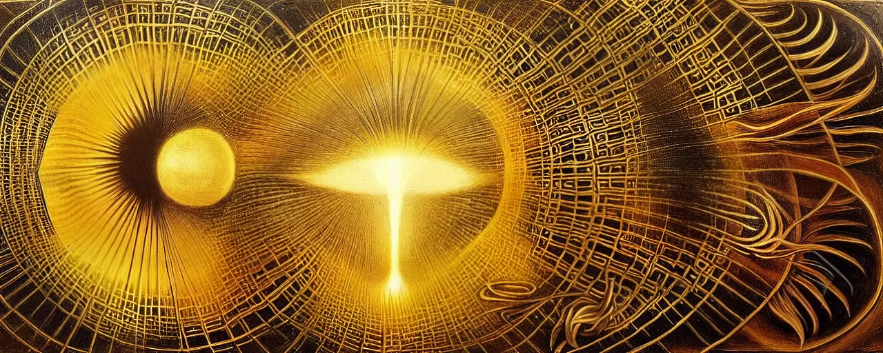 Image similar to a golden child radiates a unique canto'as above so below'while being ignited by the spirit of haeckel and robert fludd, breakthrough is iminent, glory be to the magic within, in honor of saturn, painted by ronny khalil