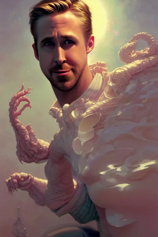 Prompt: ryan gosling is cheesecake, hyper detailed, digital art, artstation, cinematic lighting, studio quality, smooth render, by peter mohrbacher, hajime sorayama, wayne barlowe, boris vallejo, aaron horkey, gaston bussiere, craig mullins, caravaggio