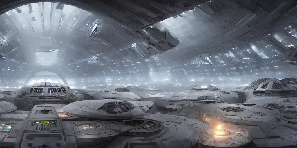 Image similar to one thousand aligned cryogenic pods, spaceship hangar, symmetrical, sci-fi, cryogenic pods, many cryogenic pods, interior, fantasy, 4k, wide shot, matte painting, oil painting, concept art, art station, star wars style