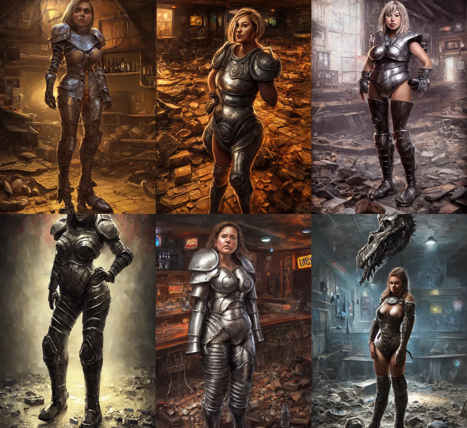 Prompt: hyper detailed ultra sharp full body character portrait of a woman in chunky armor standing in a destroyed dive bar, with a realistically proportioned face, cinematic lighting, good value control, smooth, realistic shading, realistic face details, smooth, highly detailed, digital painting, painted texture maps, illustration, concept art, painted texture maps, substance painter