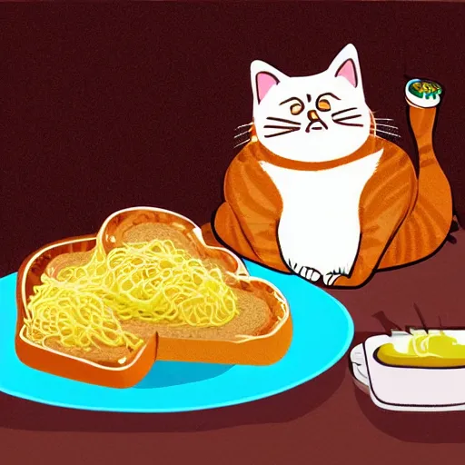 Prompt: obese cat sitting next to a slice of toast with indomie mi goreng noodles on top, traditional artstyle